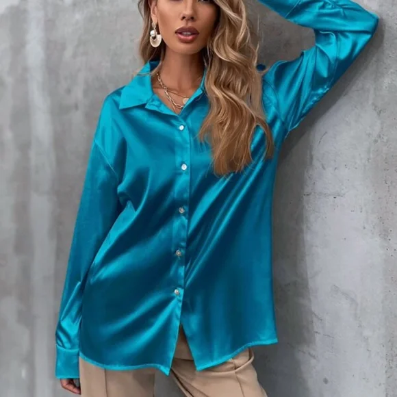 Black Classic button up Satin Boyfriend Work Top Minimalist - Picture 14 of 16